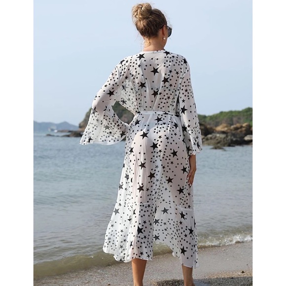 Boho White Chiffon with Black Stars Kimono Duster Beach Coverup - Picture 4 of 16